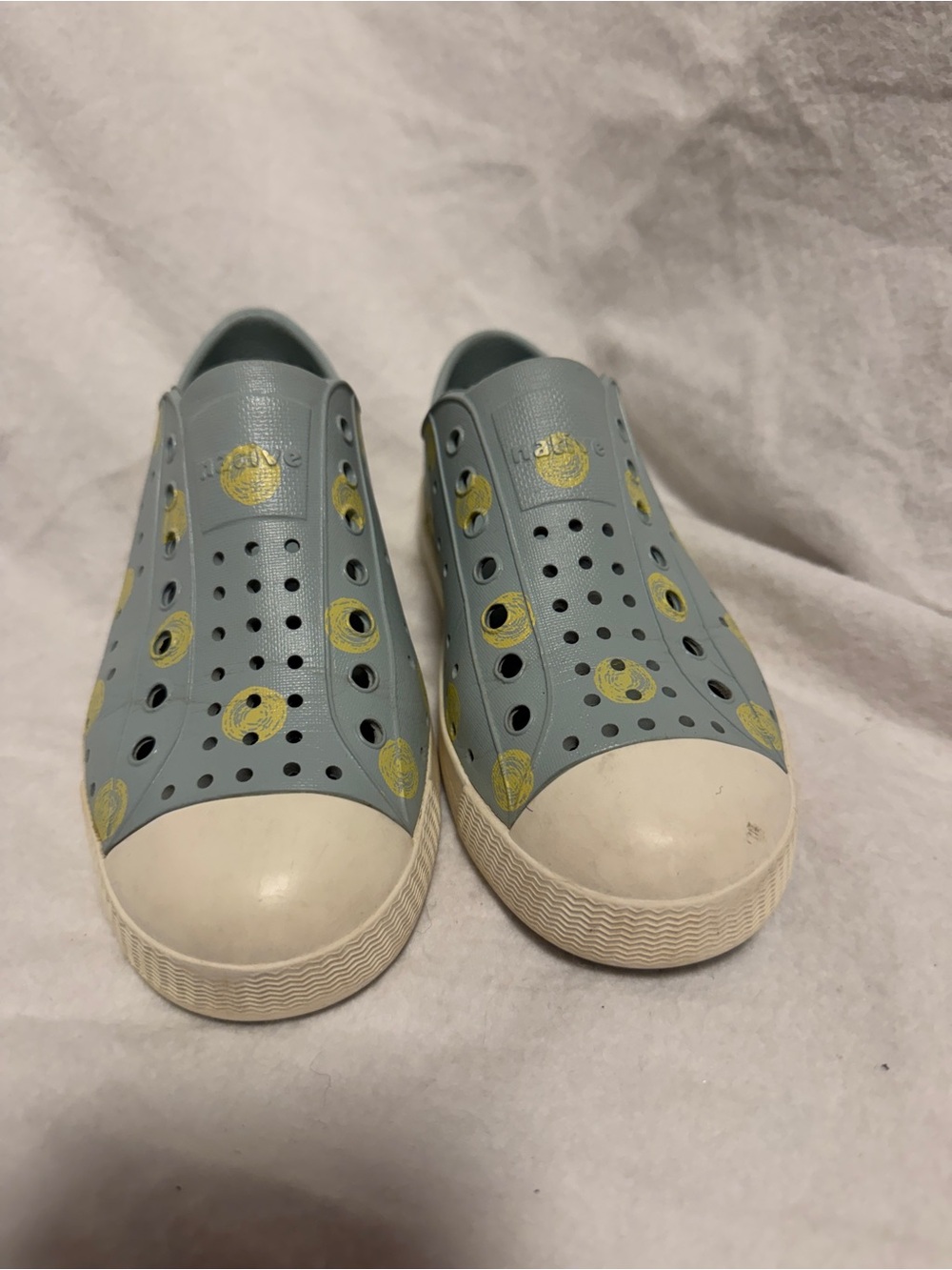 Native Jefferson Kids Slip-On Shoes in Light Blue with Yellow Accents Kids size